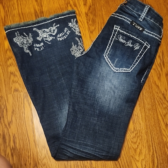 Cowgirl Tuff Dark Blue Boot Cut Jeans with White Embroidery - Picture 1 of 5